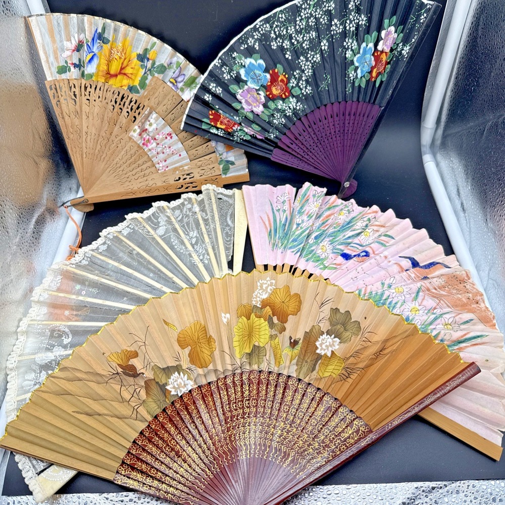 Vintage Wang Sin Kee Shanghai Chinese Hand Fans Lot of 5 Handmade Floral Lace